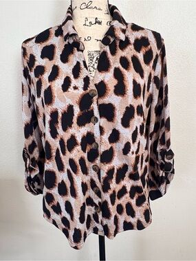 Leopard Print Button-Front Women's Blouse - Brown/Black